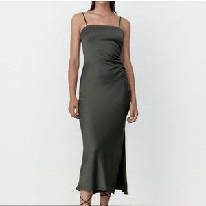 Zara Olive Green Silk Midi Dress